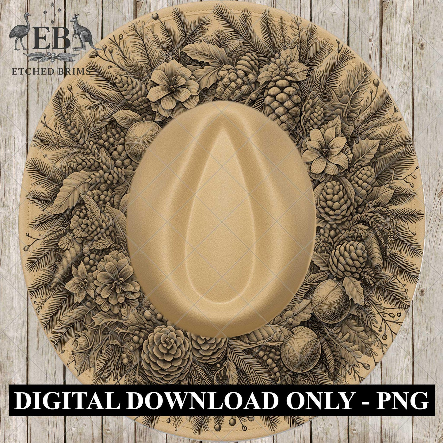 Christmas Wreath & Pinecones, Hat Burning Design, Festive Digital Download, Hat Burning Template, Wide Brim Hat Design, Hat Stencil, EB676