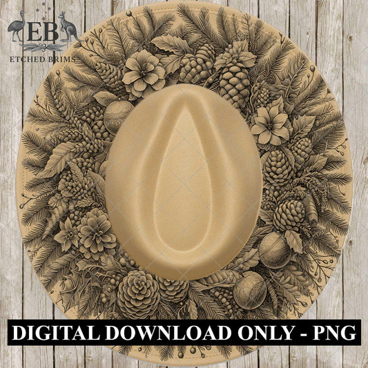 Christmas Wreath & Pinecones, Hat Burning Design, Festive Digital Download, Hat Burning Template, Wide Brim Hat Design, Hat Stencil, EB676