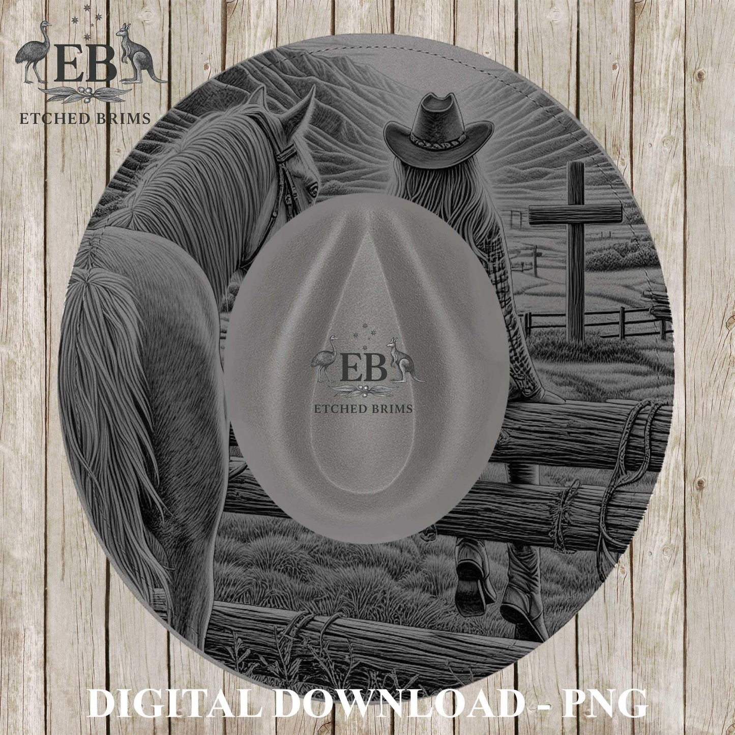 Cowgirl Horse & Cross, Hat Burning Design, Christian Design, Digital Download PNG, Hat Burning Template, Hat Laser Engraving Design, EB1226