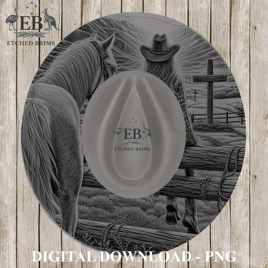 Cowgirl Horse & Cross, Hat Burning Design, Christian Design, Digital Download PNG, Hat Burning Template, Hat Laser Engraving Design, EB1226