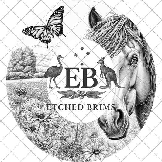 Horse Flowers and Butterfly, Hat Burning Design, Kids Size, - Laser Template for Youth Cowboy Hat, EBY976