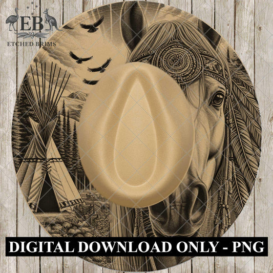 Indian Teepee and Campfire, Hat Burning Template for Wide Brim Hats. PNG for Laser Engraving and PDF Moonlit Horse Scene, EB956