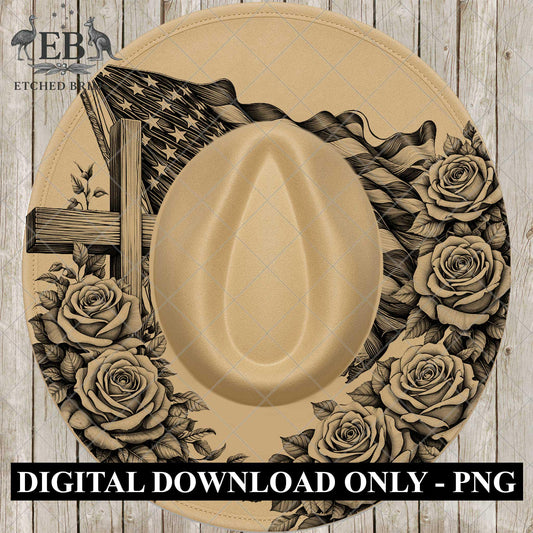 Cross American Flag & Roses Hat Burning Design, Laser Hand Engraving Wide Brim Fedora, PNG PDF, EB1089