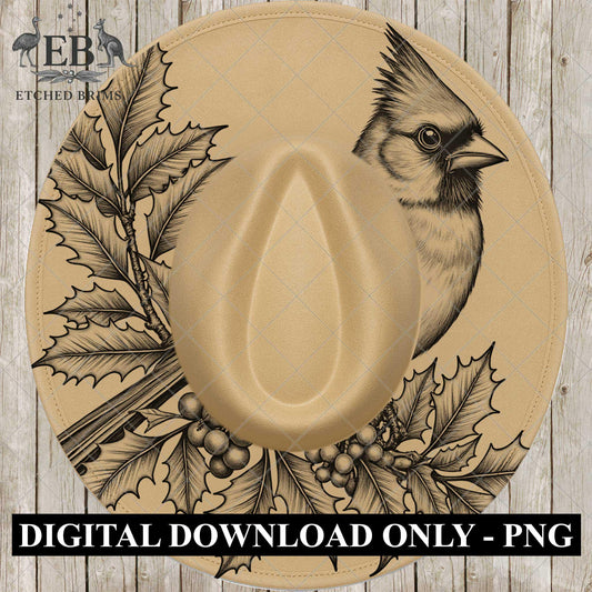 Christmas Cardinal & Holly, Hat Burning Design, Festive Digital Download, Hat Burning Template, Wide Brim Hat Design, Hat Stencil, EB681