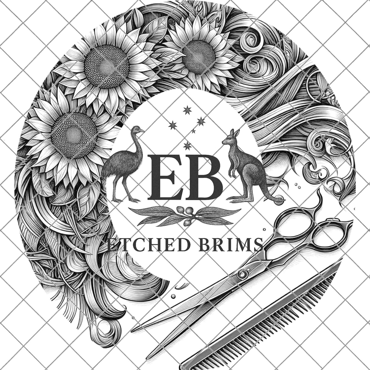 Hairdresser Sunflowers 1 Hat Burning Template for Wide Brim Hats. PNG for Laser Engraving and PDF Burning Stencil for Hand Burning, EB605
