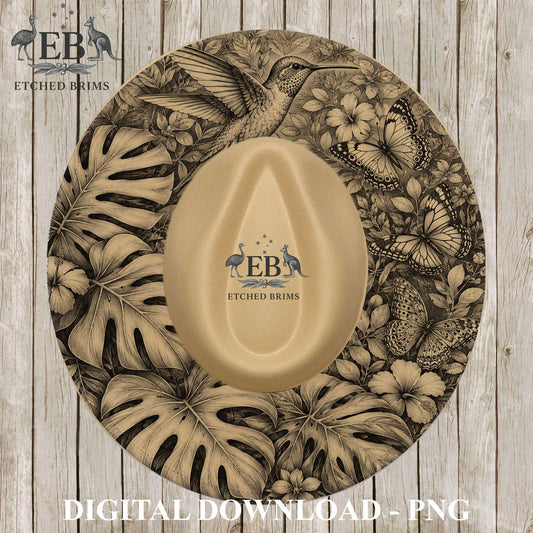 Hummingbird Monstera Flowers, Hat Burning Design, Butterflies Hat Burning Template, Hat Laser Engraving Design, Hat File EB1280