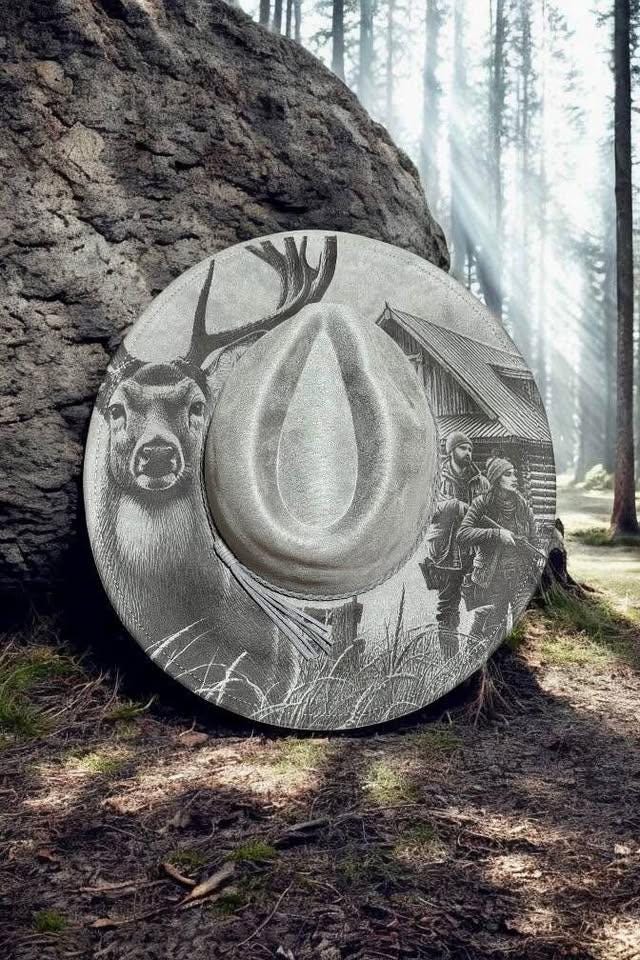 Hunters Retreat - Engraved Stag & Cabin Wide Brim Hat, Vegan Suede Fedora Hat, Laser Engraved, Cowboy Hat, Burned Fedora, Deer Hunter Design
