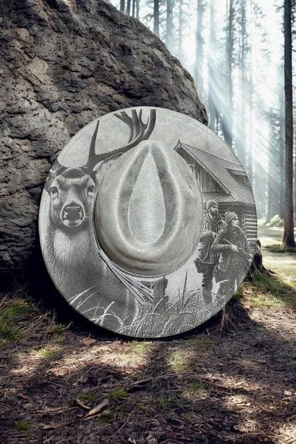 Hunters Retreat - Engraved Stag & Cabin Wide Brim Hat, Vegan Suede Fedora Hat, Laser Engraved, Cowboy Hat, Burned Fedora, Deer Hunter Design