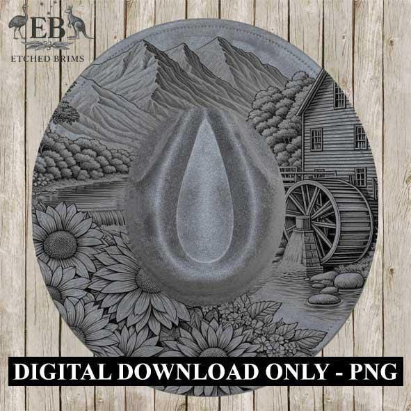 Waterwheel & Wildflowers Hat Burning Design 4, Rustic Laser Hat Burning, Digital Download, Hat Burning Template, Wide Brim Hat File, EB373