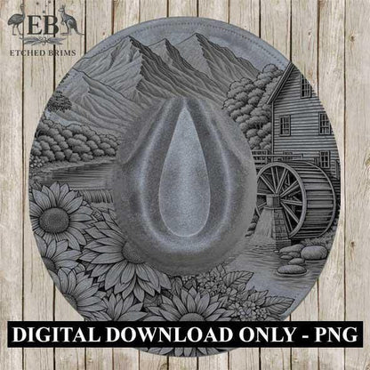 Waterwheel & Wildflowers Hat Burning Design 4, Rustic Laser Hat Burning, Digital Download, Hat Burning Template, Wide Brim Hat File, EB373