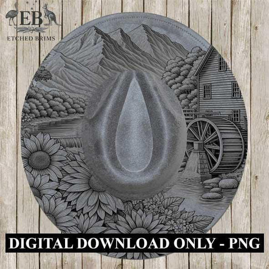 Waterwheel & Wildflowers Hat Burning Design 4, Rustic Laser Hat Burning, Digital Download, Hat Burning Template, Wide Brim Hat File, EB373