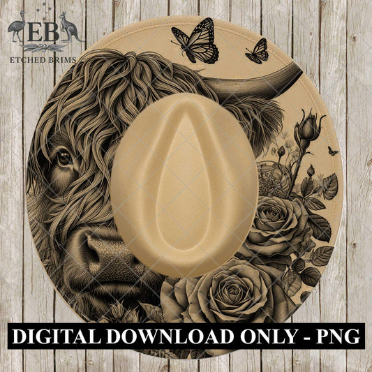 Highland Cow Roses & Butterfly, Hat Burning Design, Digital Download PNG, Hat Stencil, Hat Laser Engraving Design, EB1072