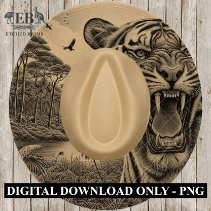 Roaring Tiger, Hat Burning Design, Hat Engraving Template, Wide Brim Burned Hat, PNG Laser Design, EB791