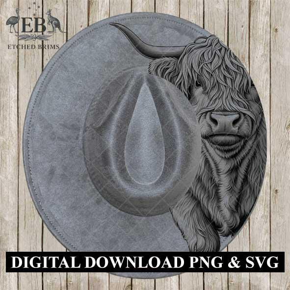 Highland Cow Half Hat Burning Design, Hat Engraving Template, Laser Hat Design, Wide Brim Hat, Stencil for Hat Burning SVG, and PNG, EB584