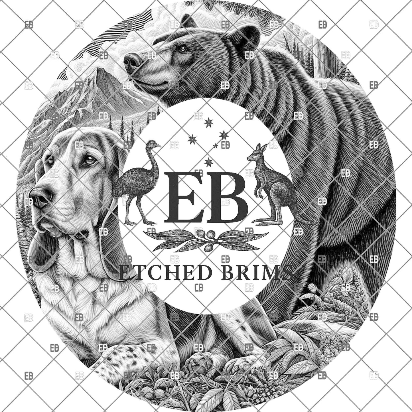 Hound Dog & Bear, Wide Brim Hat Template, Hat Engraving, PNG, PDF, Digital File for Burning Hats, EB1113