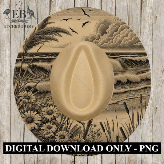 Ocean Waves Hat Engraving Template | Coastal Laser Burning File | Beach Scene Design, EB1081