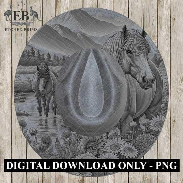 Horse & Wildflowers 2, Hat Burning Template, Hat Burning Stencil, Hat Laser Engraving Design, Wide Brim Hat, Printable Hat Template, EB562