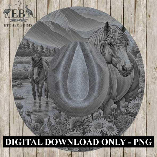Horse & Wildflowers 2, Hat Burning Template, Hat Burning Stencil, Hat Laser Engraving Design, Wide Brim Hat, Printable Hat Template, EB562