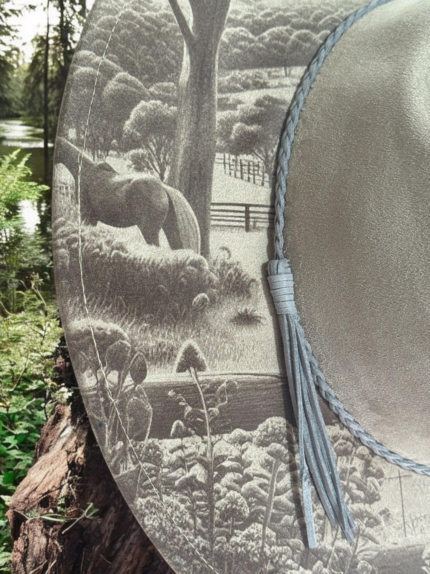 Wanderers View - Laser Engraved Cow Girl Hat with Horse Scene, Wide Brim Hat, Vegan Suede Fedora Hat, Laser Engraved, Burned Fedora