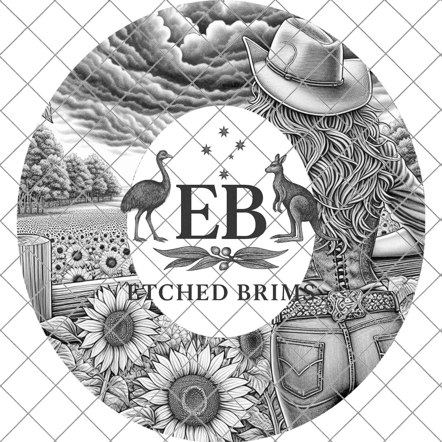 Cowgirl & Sunflowers 8, Hat Burning Design, Wide Brim Hat Burning Template, Laser Hat Engraving Template, Printable Stencil, EB761