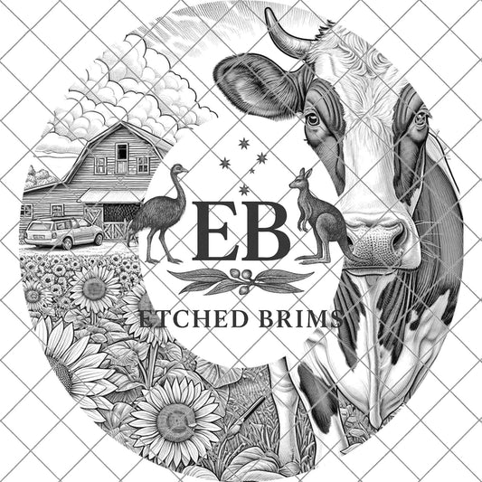 Farm Dairy Cow and Sunflowers 2, Hat Burning Design, Digital Download PDF & PDF Hand Burning, Wide Brim Hat, Printable Hat Template, EB611
