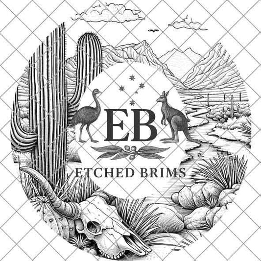 Desert Engraved Hat #4, Western Cactus & Skull Design, Faux Suede Wide Brim Hat with Laser Burned Brim – Boho Cowboy Style - Laser File EB77