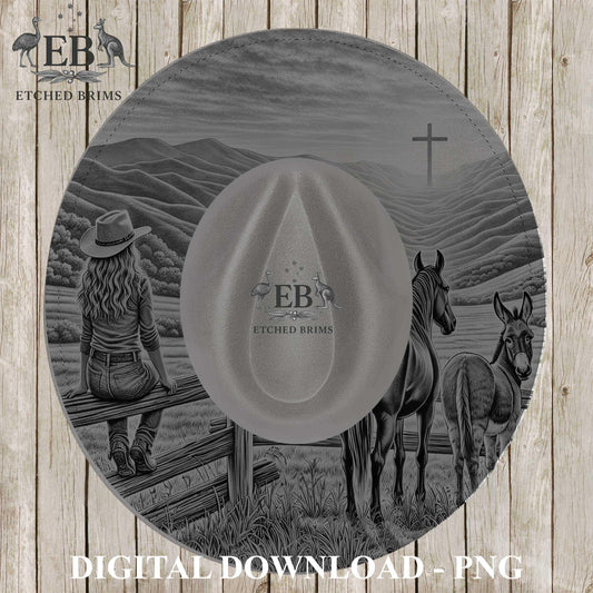 Cowgirl Horse & Mule, Hat Burning Design, Western Landscape, Digital Download PNG, Hat Burning Template, Hat Laser Engraving Design, EB1225