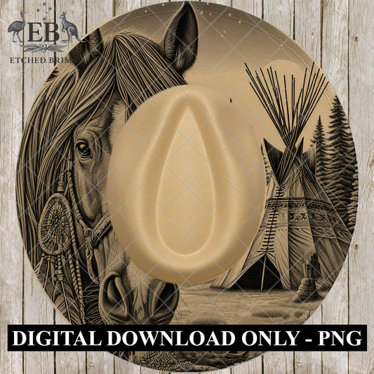 Indian Teepee and Campfire, Hat Burning Template for Wide Brim Hats. PNG for Laser Engraving and PDF Moonlit Horse Scene, EB955