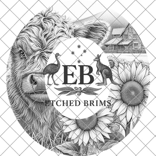Highland Cow Sunflower Farmhouse, Wide Brim Hat Template, Burned Hat PNG, Pyrography Hat Design, Hat Burning Design, Laser Hat Design, EB810