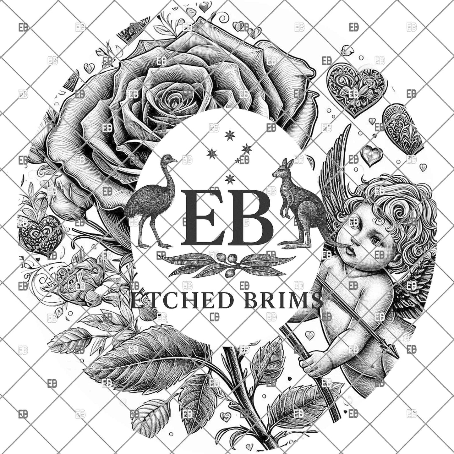 Cupid & Roses Valentine, Hat Engraving Design, Digital Download PNG, Wide Brim Hat Template, EB1124
