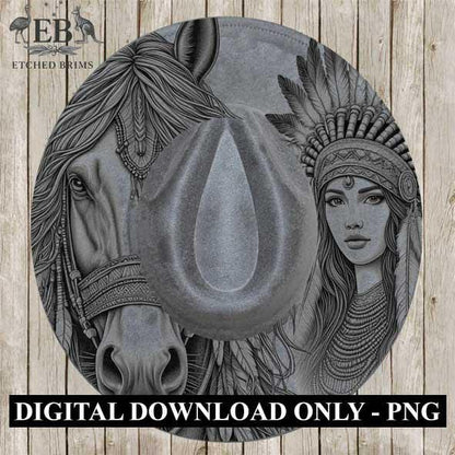 Indian Horse & Woman 1, Laser Hat Burning Design, Digital Download PNG, Hat Burning Template, Hat Laser Engraving Design, Hat File EB107