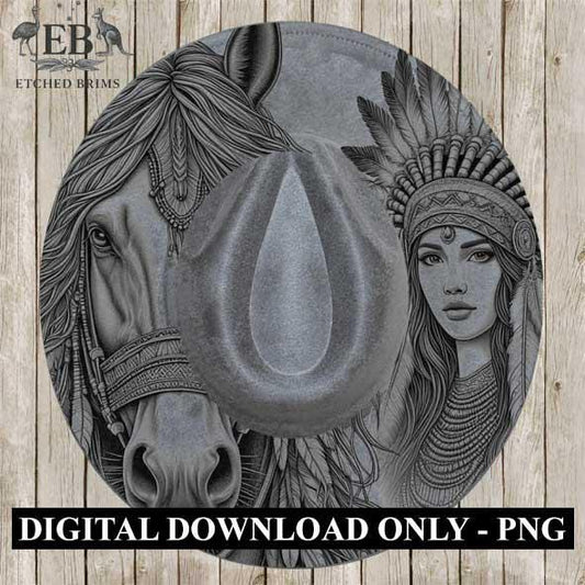 Indian Horse & Woman 1, Laser Hat Burning Design, Digital Download PNG, Hat Burning Template, Hat Laser Engraving Design, Hat File EB107