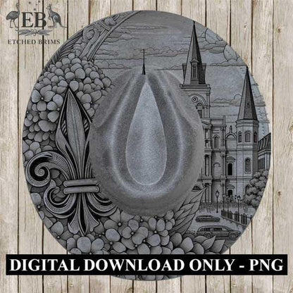 New Orleans 1 Hat Brim SVG, Detailed Laser Engraving Template, Fleur-de-Lis, Cathedral, Flowers, Western Cowboy Hat Design EB184