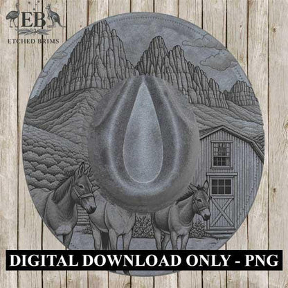 Mule Donkey Cabin Desert Mountains 8 Design, Laser Hat Burning Design, Digital Download PNG, Hat Burning Template, Wide Brim Hat File, EB240