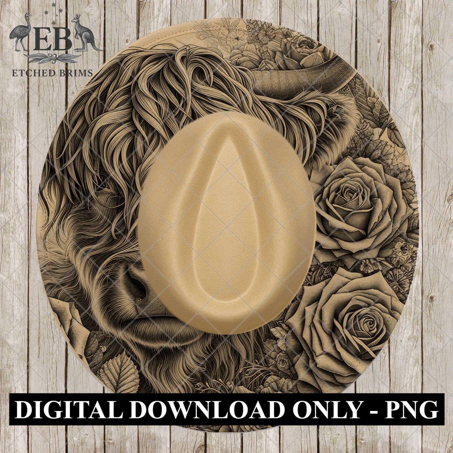 Highland Cow, & Roses, Hat Laser Engraving Design, Digital Download PNG, Flower Art, Hat Burning Template, EB1075