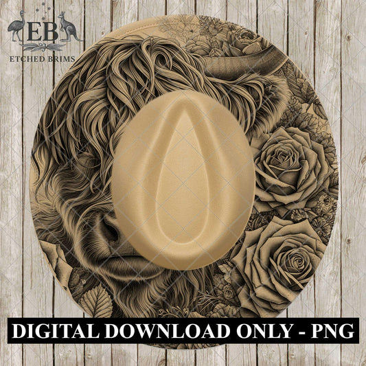 Highland Cow, & Roses, Hat Laser Engraving Design, Digital Download PNG, Flower Art, Hat Burning Template, EB1075
