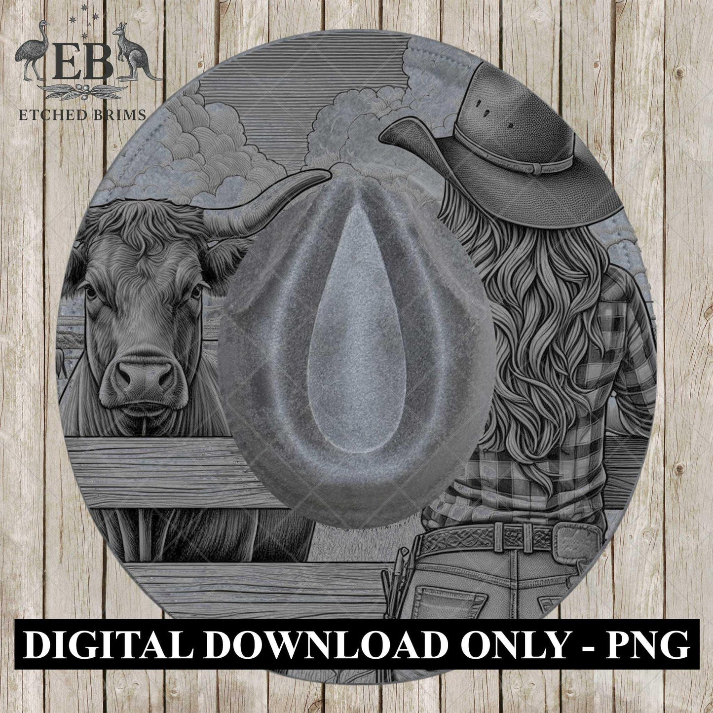Cowgirl & Cow Farm 3, Hat Burning Design, Digital Download PNG, Hat Burning Template, Hat Laser Engraving Design, Wide Brim Hat File, EB646