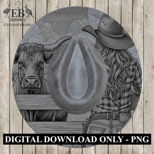 Cowgirl & Cow Farm 3, Hat Burning Design, Digital Download PNG, Hat Burning Template, Hat Laser Engraving Design, Wide Brim Hat File, EB646