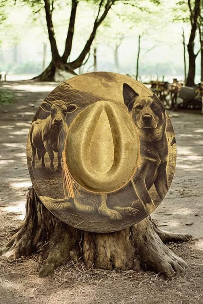 The Drovers Mate – Laser Engraved Cattle Dog Brim Hat, Wide Brim Hat, Vegan Suede Fedora Hat, Laser Engraved, Cowboy Hat, Burned Fedora