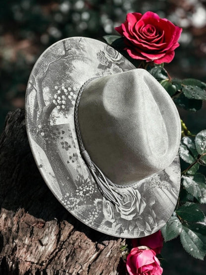 Eternal Bloom Engraved Hat – Sugar Skull & Floral Boho Design, Hand-Burned Brim, Western Boho Hat, Unique Festival Fashion