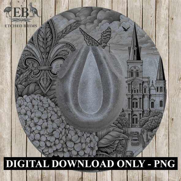 New Orleans 3 Hat Brim SVG, Detailed Laser Engraving Template, Fleur-de-Lis, Cathedral, Flowers, Western Cowboy Hat Design EB186