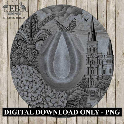 New Orleans 3 Hat Brim SVG, Detailed Laser Engraving Template, Fleur-de-Lis, Cathedral, Flowers, Western Cowboy Hat Design EB186