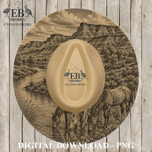 Wild Horses and Badlands, Hat Burning Design, River Landscape, Laser Hat Engraving, Digital Download PNG, Wide Brim Hat File, EB1256