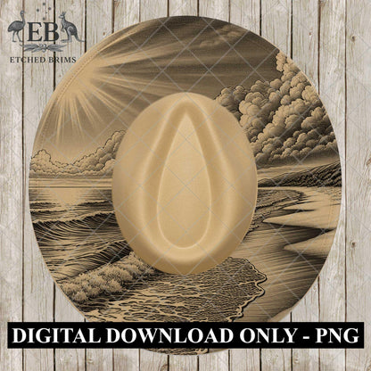 Coastal Ocean Hat Engraving File | Beach Scene Laser Burning Template | Round Hat Design, EB1078