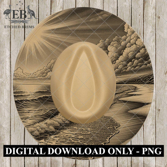 Coastal Ocean Hat Engraving File | Beach Scene Laser Burning Template | Round Hat Design, EB1078