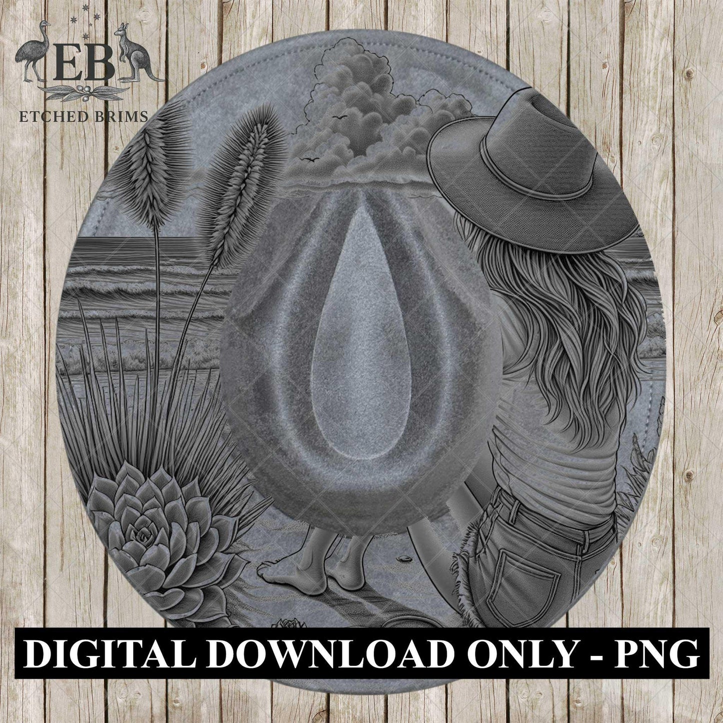 Coastal Beach Cowgirl 2, Hat Burning Design, Digital Download PNG, Hand Burning Template, Hat Laser Engraving Design, Wide Brim Hat, EB597