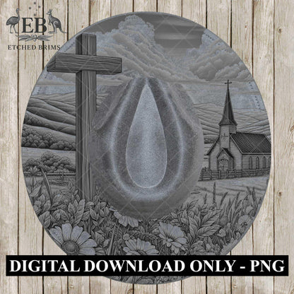 Country Church & Wildflowers, Hat Burning Design, Religious Faith, Digital Download PNG, Laser Engraving Design, Wide Brim Hat File, EB659