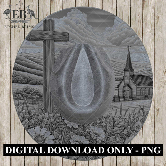 Country Church & Wildflowers, Hat Burning Design, Religious Faith, Digital Download PNG, Laser Engraving Design, Wide Brim Hat File, EB659