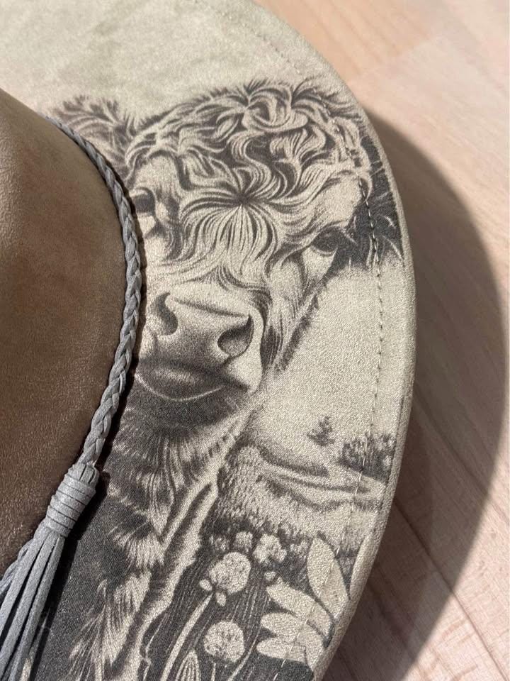 Highland Cow – Laser Engraved Highland Cow Brim Hat, Wide Brim Hat, Vegan Suede Fedora Hat, Laser Engraved, Burned Fedora