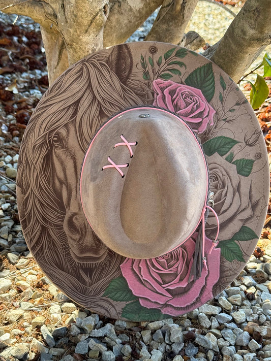 Wild Rose - EXCLUSIVE - Horse Engraved Wide Brim Hat, Vegan Suede Fedora Hat, Laser Engraved, Cowboy Hat, Burned Fedora, Cowgirl Design